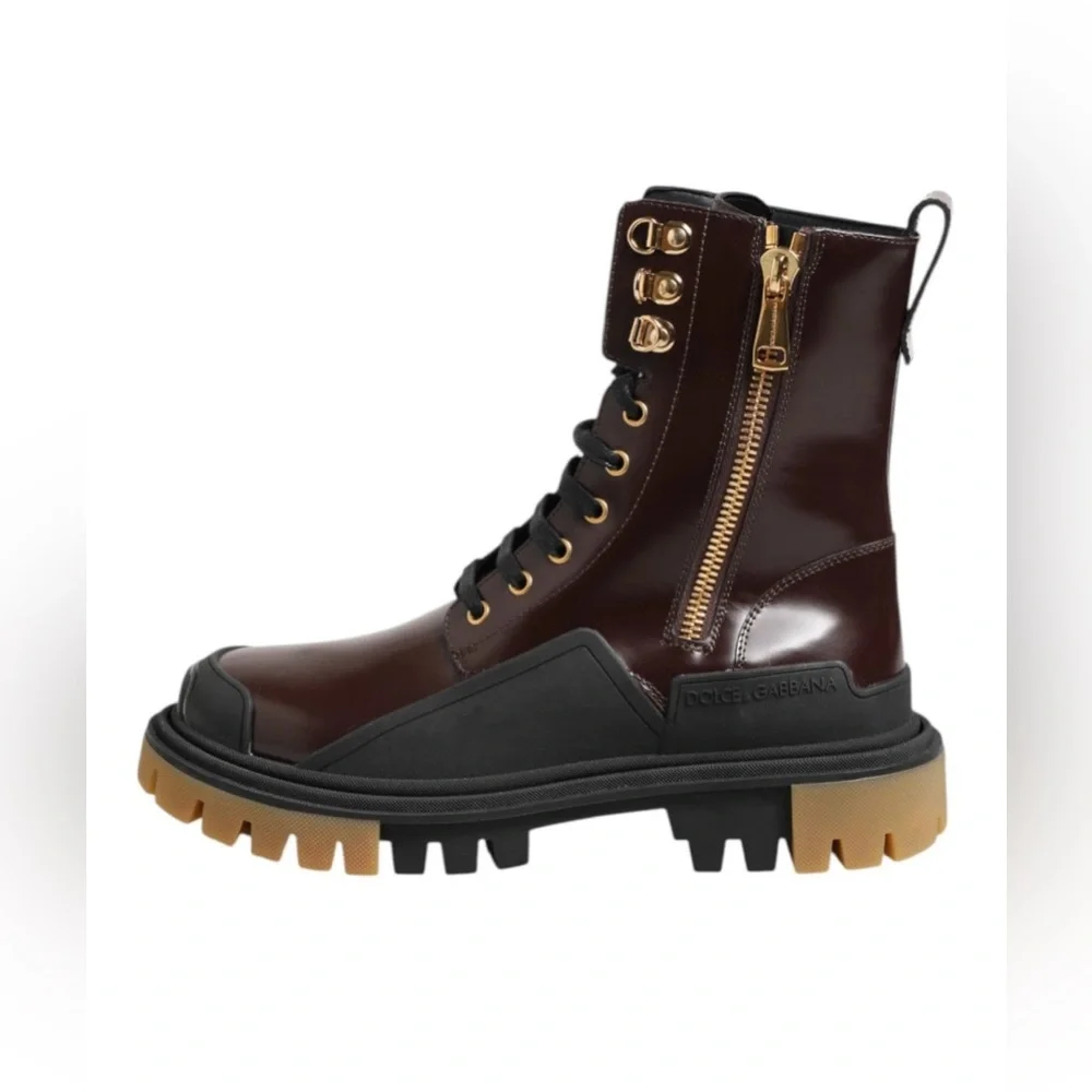 Dolce & Gabbana Brown Black Leather Boots Zipper Lace Up Men's Shoes
